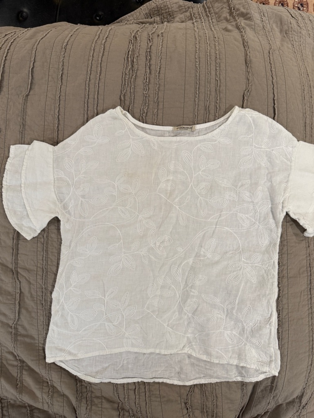 Valentina 100% Linen made in Italy White Embroidered Short-Sleeve Blouse